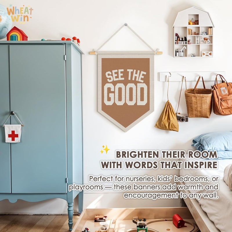 Wheatwin Inspirational See the Good Wall Hanging Pennant Flag Banner, Boho Neutral Motivational Positive Wall Decor for Kids Toddler Nursery Room Bedroom Playroom 15x11 Inch - Image 3